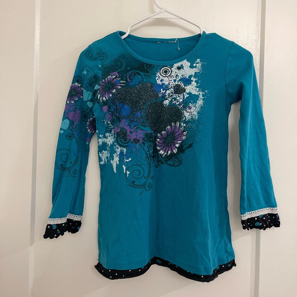 Vintage Y2K‎ Hannah Montana Teal Long-Sleeve Graphic Top Glitter Floral Heart